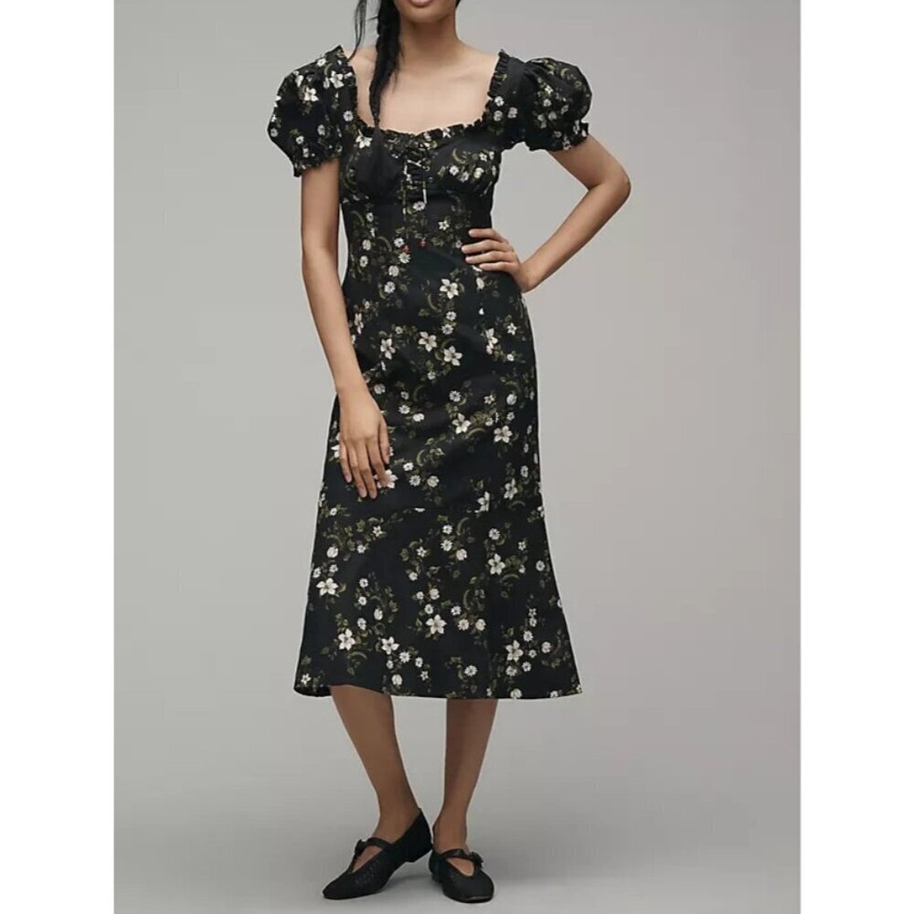 Maeve Linen Blend Puff-Sleeve Sweetheart Midi Dress 3x